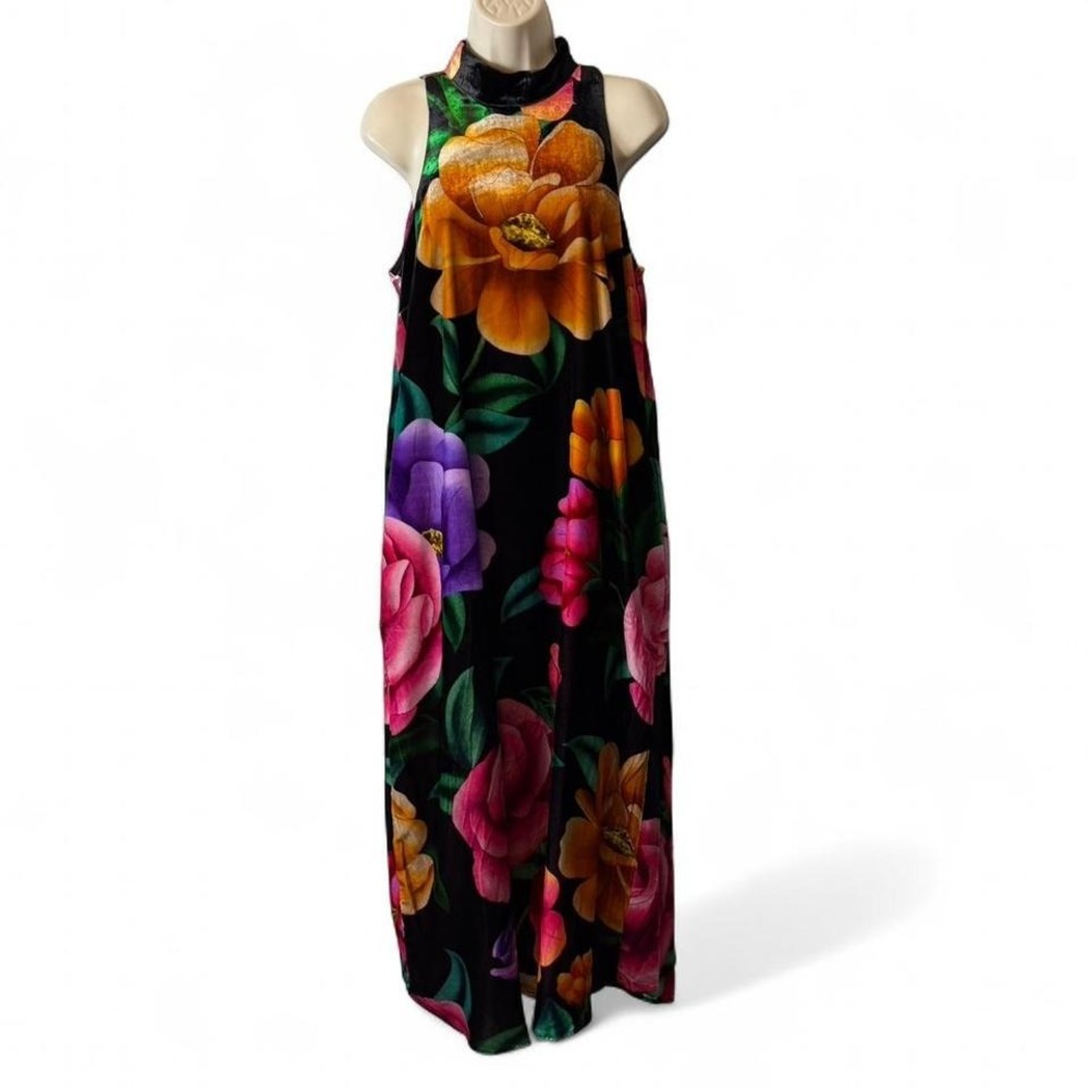 Farm Rio x Anthropologie Mock Neck Velvet‎ Floral Midi Dress, Women's Size M